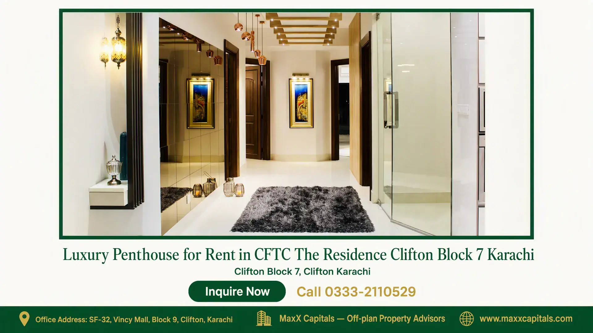 Luxury Penthouse for Rent in CFTC The Residence Clifton Block 7 Karachi Elegant penthouse entryway with luxurious lighting, mirrored wall, plush rug, and premium glass door in Clifton Block 7 Karac