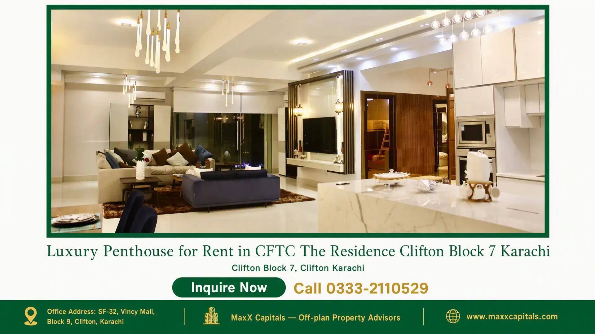Luxury Penthouse for Rent in CFTC The Residence Clifton Block 7 Karachi Spacious modern penthouse in Clifton with open-plan living area, elegant lighting, and a sleek kitchen overlooking a well-des