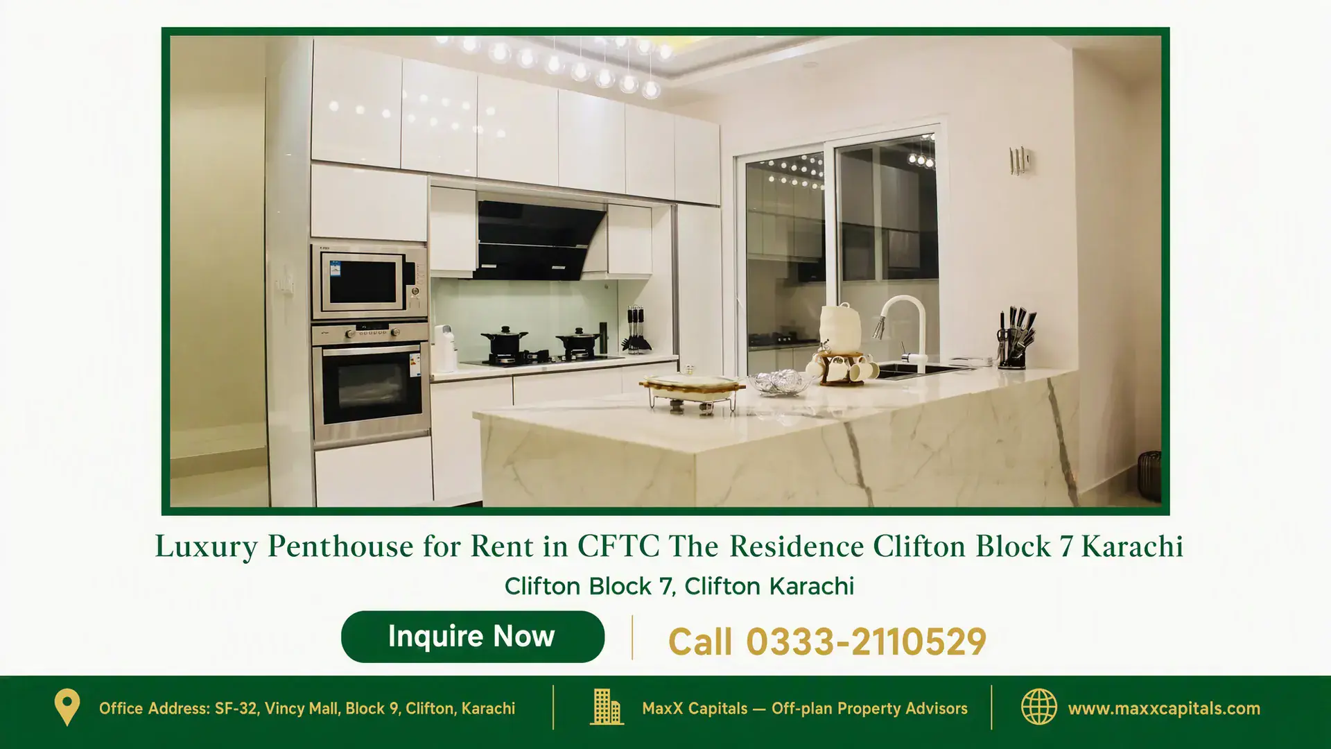 Luxury Penthouse for Rent in CFTC The Residence Clifton Block 7 Karachi Modern kitchen with marble island counter, built-in appliances, and sleek cabinetry in a penthouse for rent in Clifton Block
