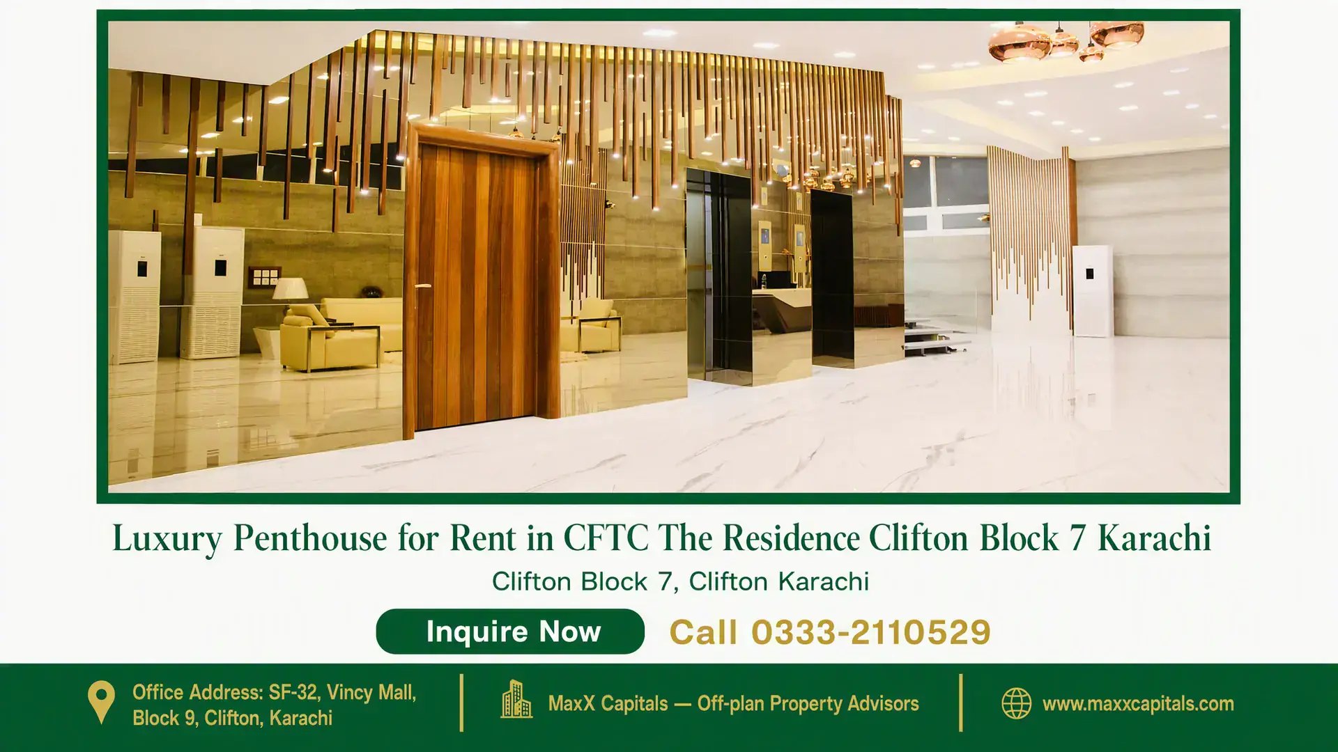 Luxury Penthouse for Rent in CFTC The Residence Clifton Block 7 Karachi Spacious modern penthouse lobby at CFTC The Residence in Clifton Block 7, Karachi, featuring sleek wood paneling, marble floo