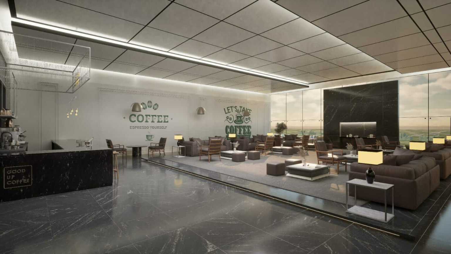 Sumsum Grand 2 Executive Tower At Main Jinnah Avenue Opposite Malir Cantt – Luxury Apartments in Karachi (4) Spacious modern lounge in Sumsum Grand 2 Executive Tower at Main Jinnah Avenue with panoramic windows, curved white seating,