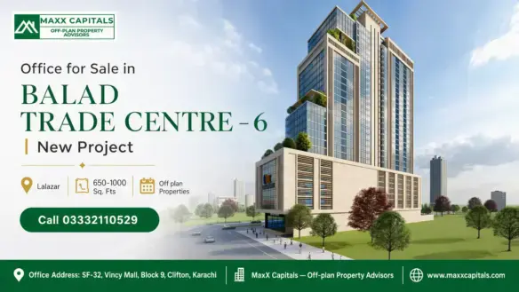 Modern High-Rise Building With Glass Facade And Greenery, Located In Balad Trade Centre 6, Surrounded By An Urban Skyline And