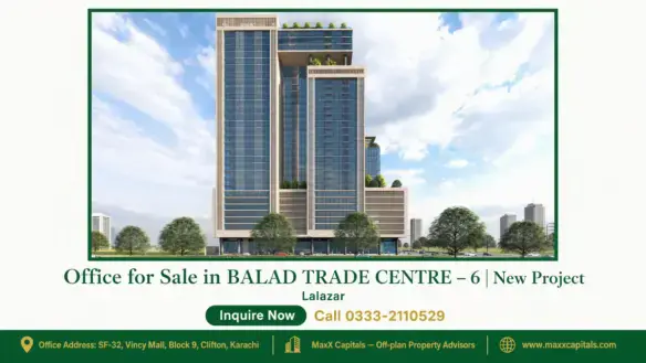 Modern multi-storey commercial building with sleek glass facade in Balad Trade Centre, surrounded by greenery and cityscape.