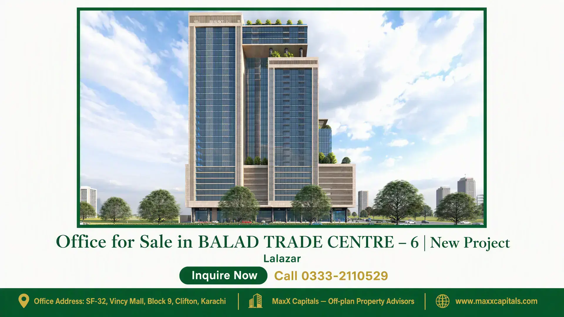 Office for Sale in BALAD TRADE CENTRE – 6 | New Project Modern multi-storey commercial building with sleek glass facade in Balad Trade Centre, surrounded by greenery and cityscape.