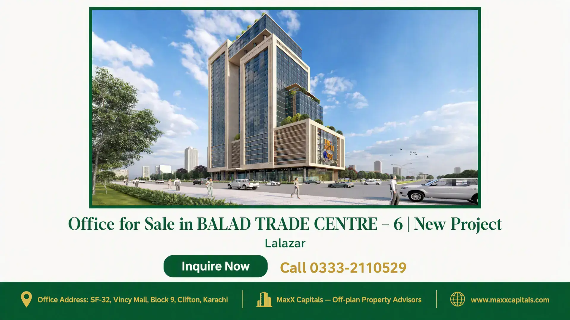 Office for Sale in BALAD TRADE CENTRE – 6 | New Project Modern high-rise building with glass facade and green landscaping at Balad Trade Centre under a clear blue sky.