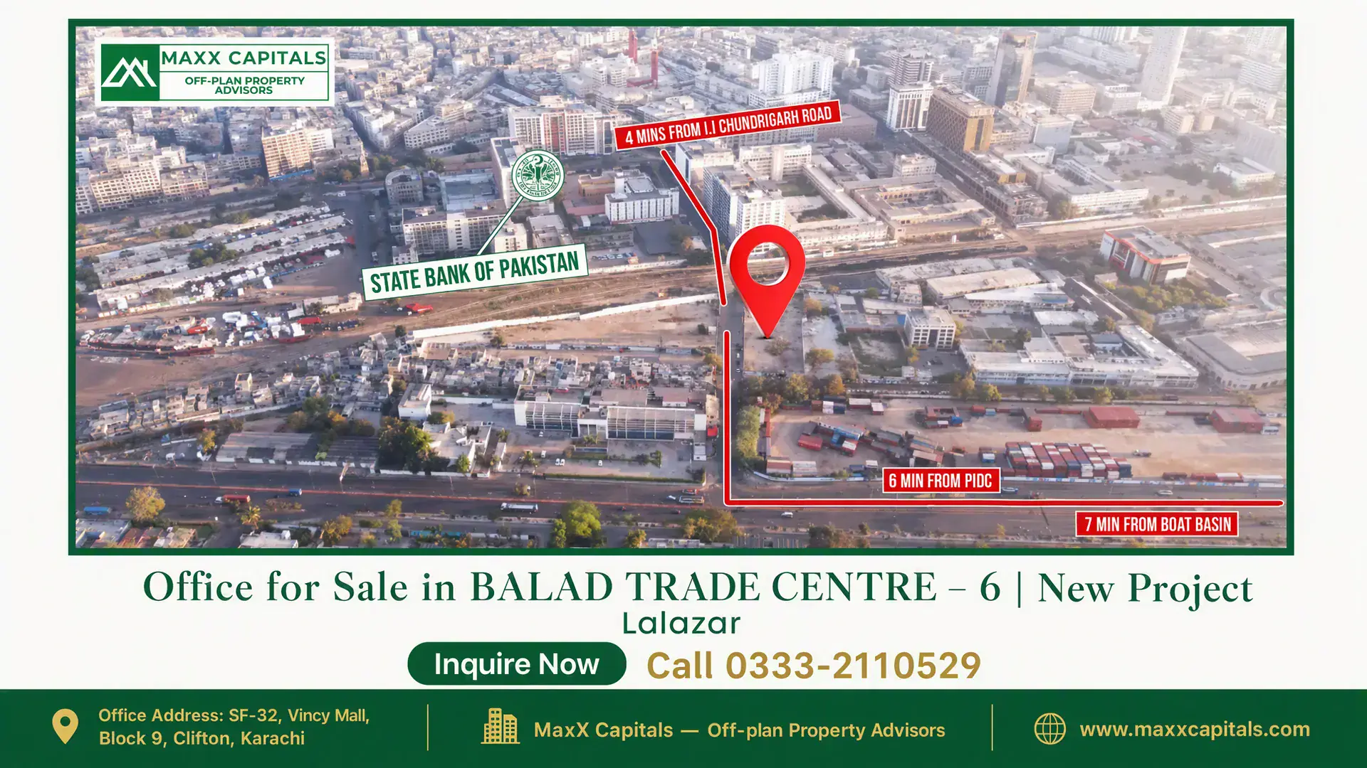 Office for Sale in BALAD TRADE CENTRE – 6 | New Project Aerial view of Balad Trade Centre area in Karachi with proximity landmarks including I.I. Chundrigar Road, PIDC, and Boat Bas
