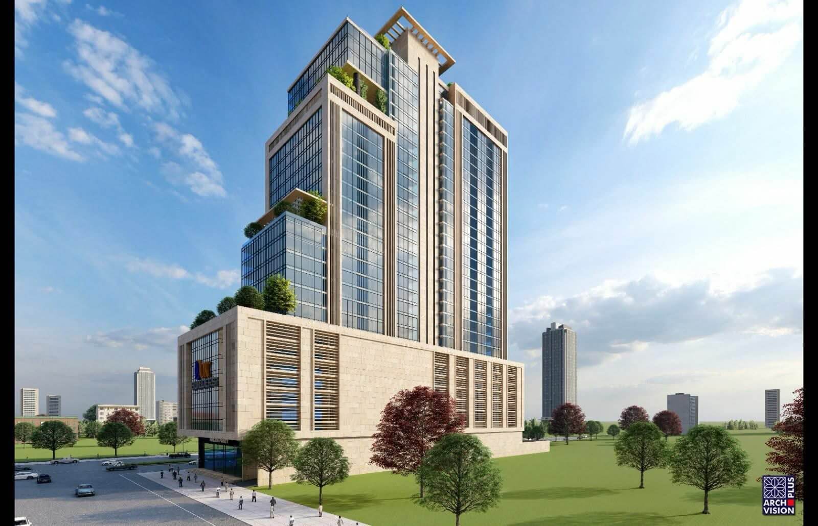 Office for Sale in BALAD TRADE CENTRE – VI A New Chapter in Commercial Excellence (1) Modern high-rise office tower in Balad Trade Centre with glass facade, green terraces, stone base, and landscaped grounds wit