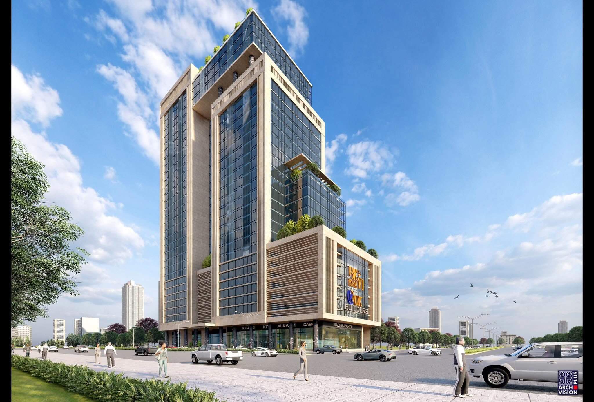 Office for Sale in BALAD TRADE CENTRE – VI A New Chapter in Commercial Excellence (3) Modern high-rise office tower at Balad Trade Centre 6 with glass and beige facade, green rooftop terraces, street-level base,