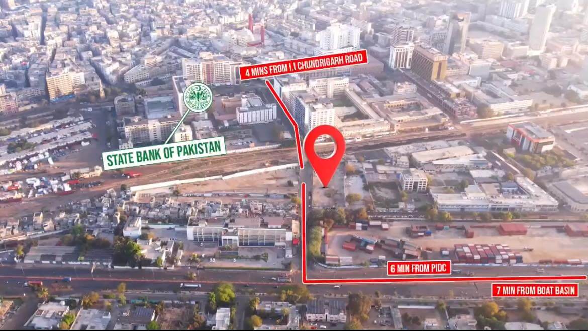 Office for Sale in BALAD TRADE CENTRE – VI A New Chapter in Commercial Excellence (4) Aerial map of Balad Trade Centre location with red pin, near State Bank of Pakistan, 5 mins from PIC, 3 mins from Lahore Road