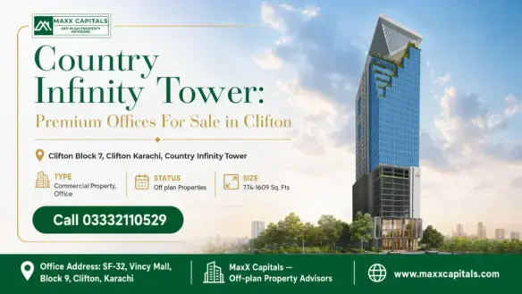 Country Infinity Tower In Clifton Karachi With Modern Glass Facade, Lush Greenery, And A Slanted Architectural Rooftop Design