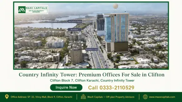 Aerial view of the Country Infinity Tower, a modern high-rise building in Clifton, Karachi, surrounded by urban infrastructur
