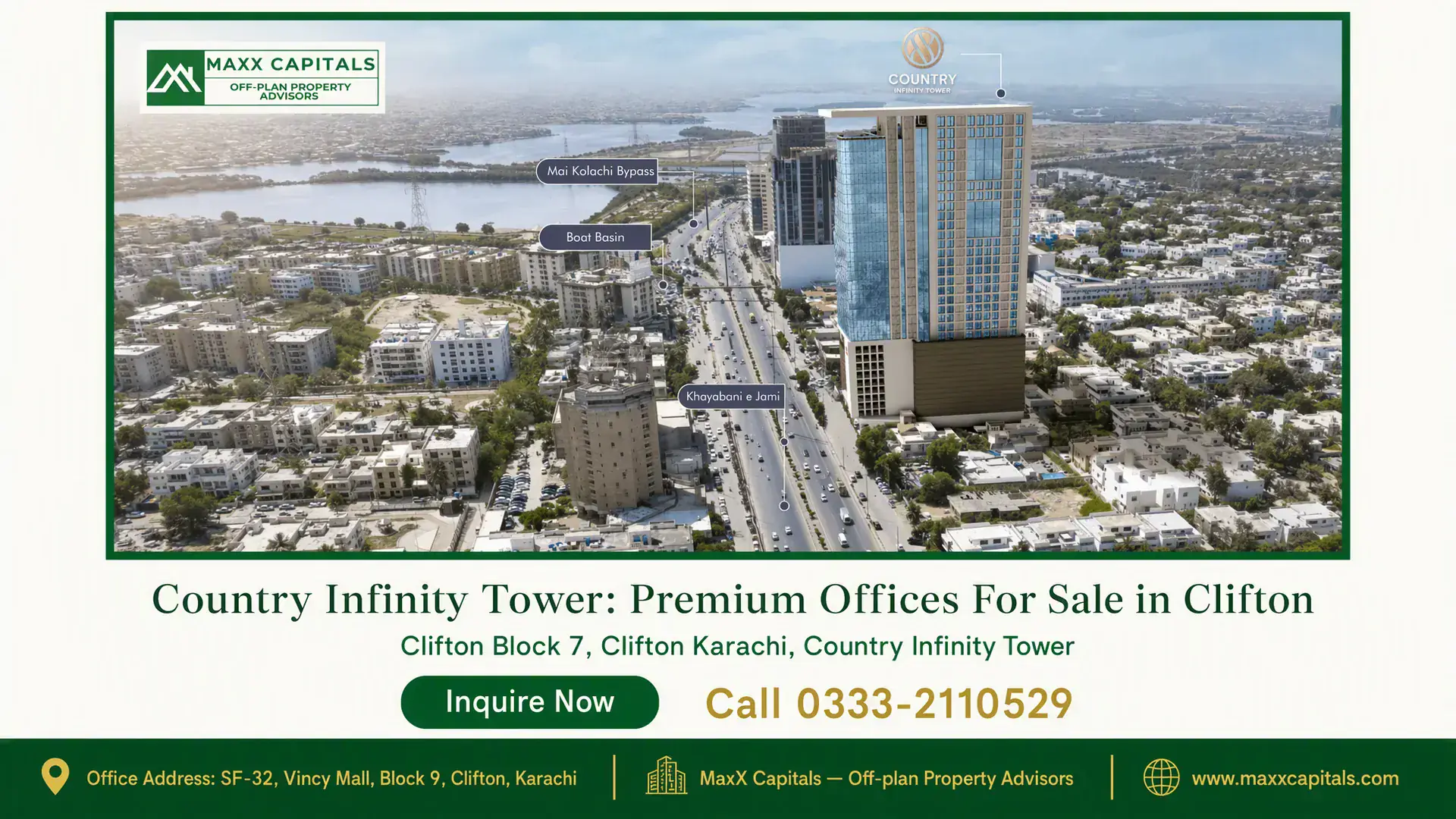 Country Infinity Tower: Premium Offices For Sale in Clifton Aerial view of the Country Infinity Tower, a modern high-rise building in Clifton, Karachi, surrounded by urban infrastructur