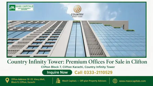 Luxury modern facade of Country Infinity Tower in Clifton, featuring glass windows and sleek architectural design against a b