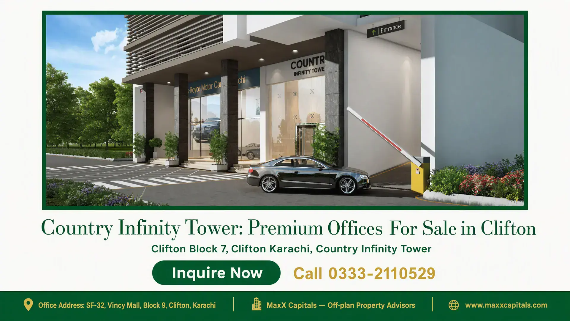 Country Infinity Tower: Premium Offices For Sale in Clifton Modern office building entrance with glass facade and landscaped surroundings in Country Infinity Tower, Clifton.