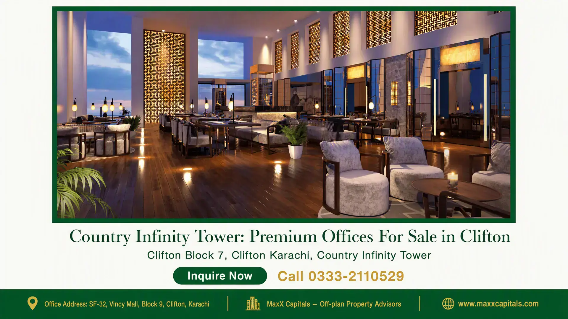 Country Infinity Tower: Premium Offices For Sale in Clifton Luxurious office lounge in Country Infinity Tower, Clifton, featuring high ceilings, modern decor, and ambient lighting.
