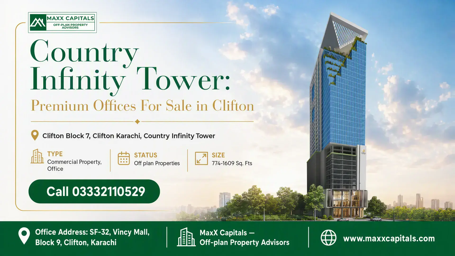 Country Infinity Tower: Premium Offices For Sale in Clifton Country Infinity Tower in Clifton Karachi with modern glass facade, lush greenery, and a slanted architectural rooftop design