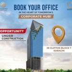 Infinity Tower Under Construction, Modern Blue Glass High-Rise With Green Accents In Clifton Block 7, Karachi