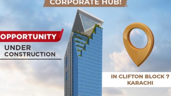 Infinity Tower Under Construction, Modern Blue Glass High-Rise With Green Accents In Clifton Block 7, Karachi