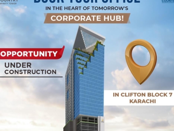 Infinity Tower Under Construction, Modern Blue Glass High-Rise With Green Accents In Clifton Block 7, Karachi