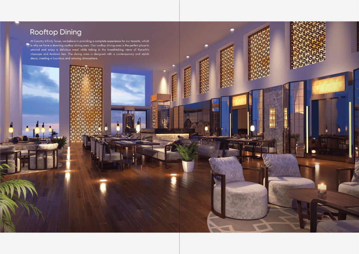 Country Infinity Tower Premium Office Spaces in Clifton, Karachi (4) Rooftop dining area in Country Infinity Tower Clifton with wooden floors lounge seating large latticed windows and sunset vie