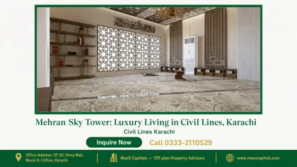 Elegant, spacious prayer room in Mehran Sky Tower with intricate wall panels, decorative ceiling, and ornate flooring.