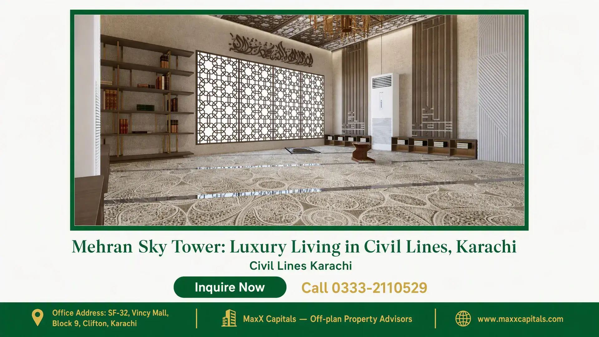 Mehran Sky Tower: Luxury Living in Civil Lines, Karachi Elegant, spacious prayer room in Mehran Sky Tower with intricate wall panels, decorative ceiling, and ornate flooring.