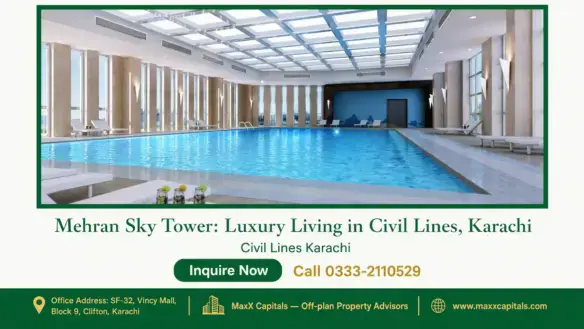 Luxurious indoor swimming pool at Mehran Sky Tower in Civil Lines, Karachi, featuring modern lighting and elegant lounge chai