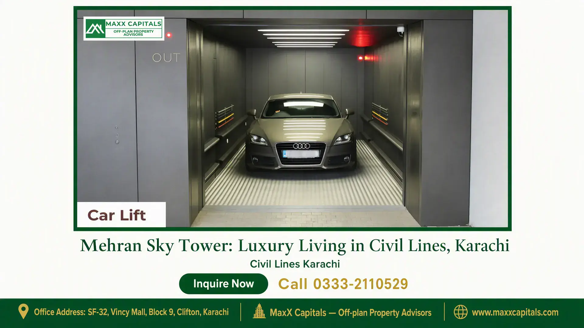 Mehran Sky Tower: Luxury Living in Civil Lines, Karachi Luxury car lift with sleek modern interiors in Mehran Sky Tower, Karachi, designed for secure and convenient parking.