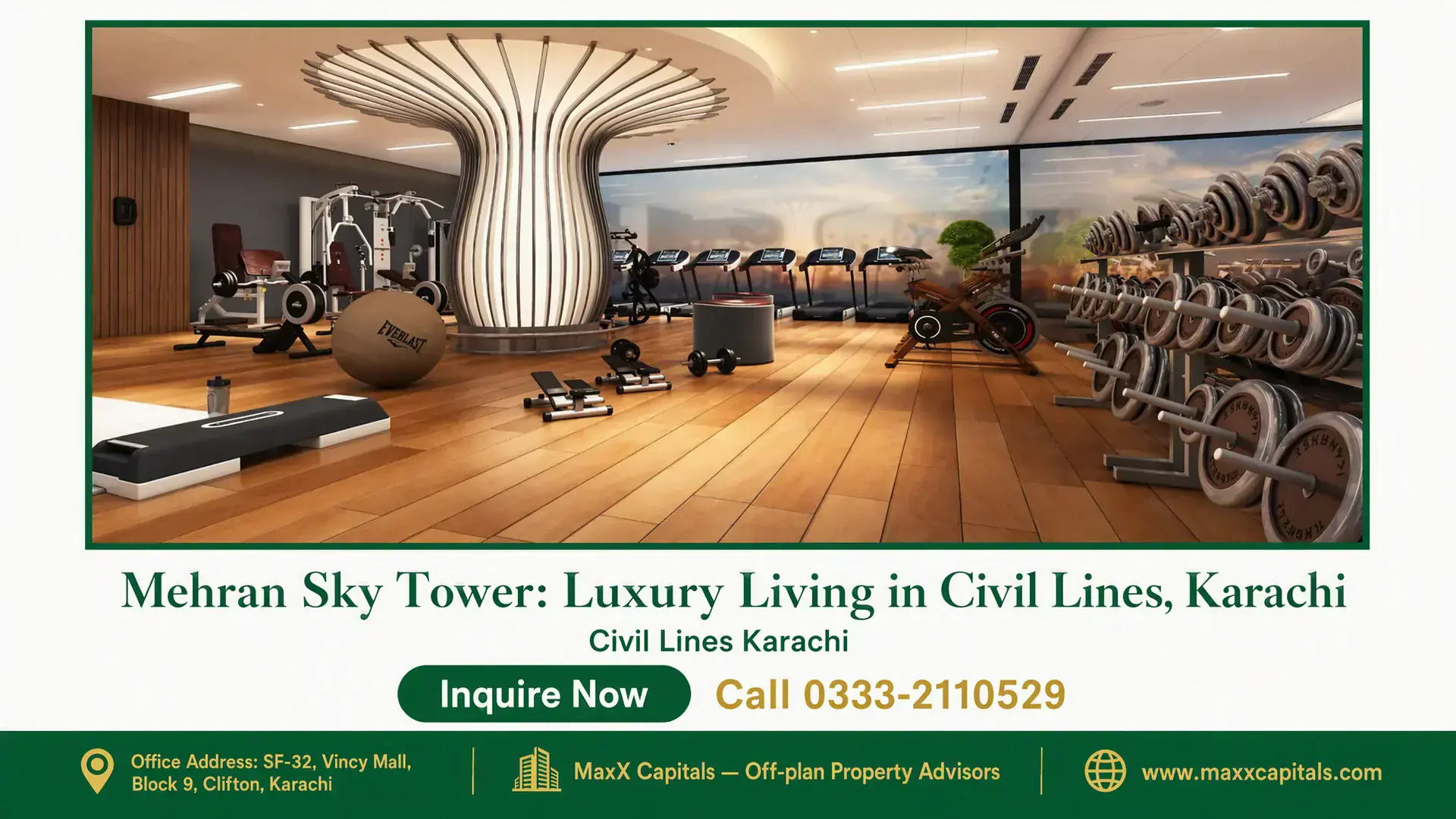 Mehran Sky Tower: Luxury Living in Civil Lines, Karachi Luxury modern gym with advanced fitness equipment, wooden flooring, and a central sculptural lighting fixture at Mehran Sky T