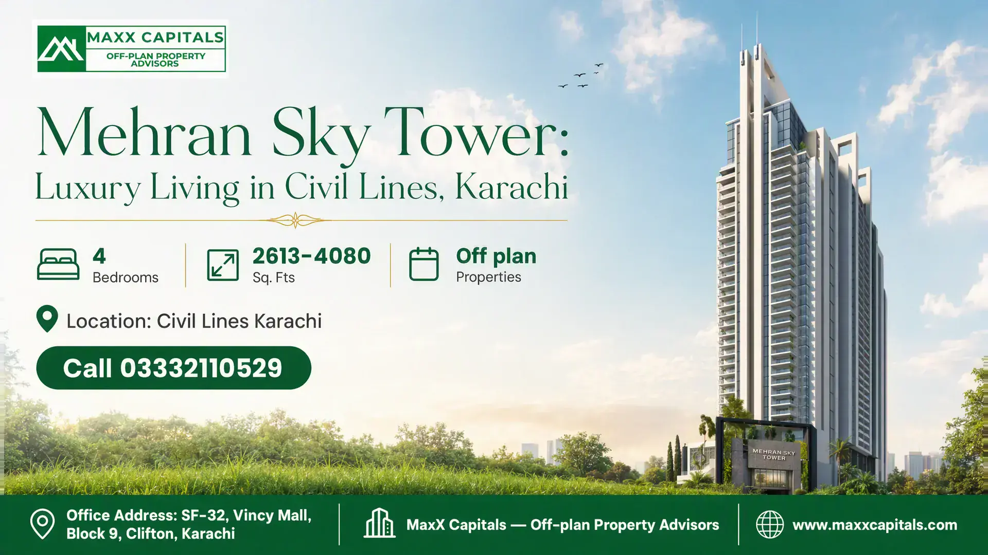 Mehran Sky Tower: Luxury Living in Civil Lines, Karachi Modern high-rise Mehran Sky Tower with glass and concrete façade, surrounded by lush greenery, located in Civil Lines, Karac