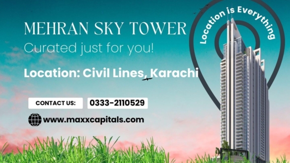 Mehran Sky Tower High-Rise In Civil Lines, Karachi, Against Sunset Sky With Green Fields And Location Pin Graphic