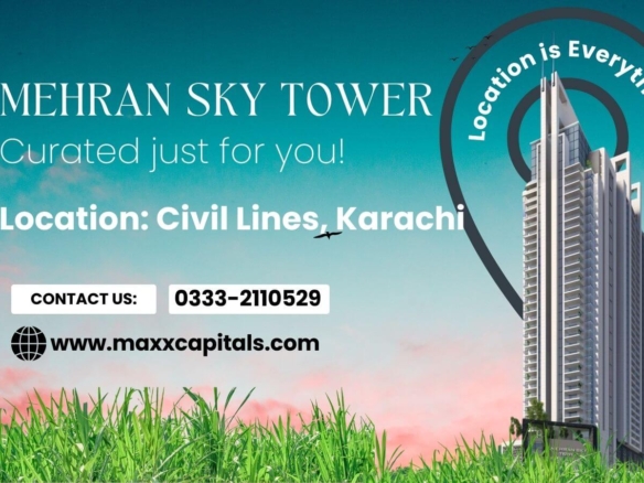 Mehran Sky Tower High-Rise In Civil Lines, Karachi, Against Sunset Sky With Green Fields And Location Pin Graphic
