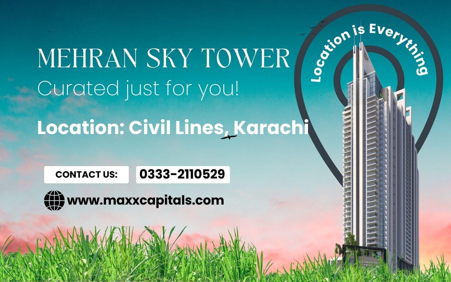 Mehran Sky Tower Luxury Living in Civil Lines, Karachi – 1 new Mehran Sky Tower high-rise in Civil Lines, Karachi, against sunset sky with green fields and location pin graphic