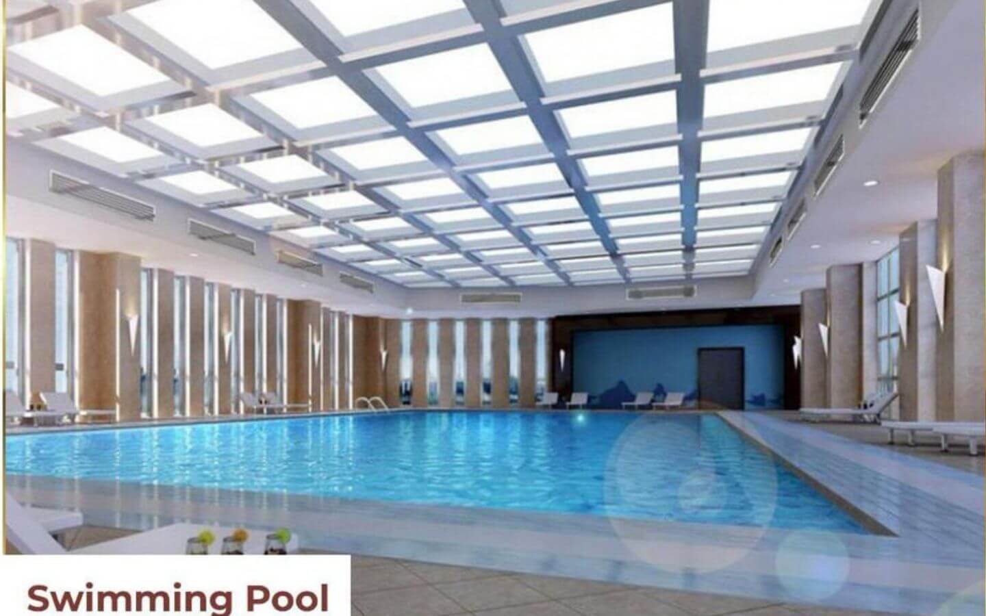 Mehran Sky Tower Luxury Living in Civil Lines, Karachi (3) Indoor swimming pool at Mehran Sky Tower in Civil Lines, Karachi, with lounge chairs, modern glass ceiling, and columns