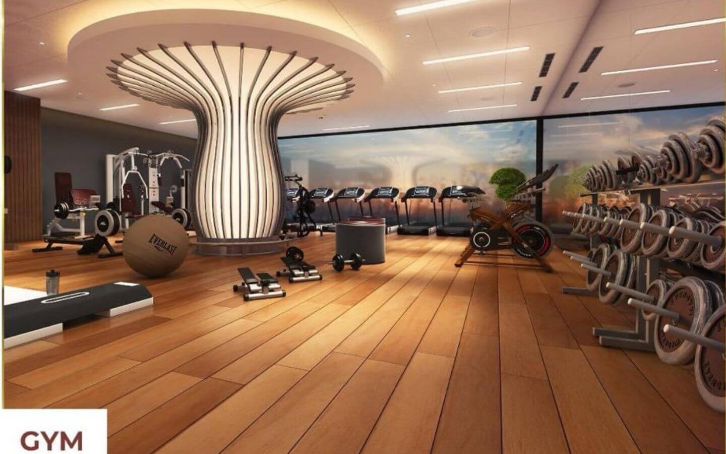 Mehran Sky Tower Luxury Living in Civil Lines, Karachi (5) Modern gym at Mehran Sky Tower in Civil Lines, Karachi with treadmills, weights, bikes, sculptural lighting, wooden floors