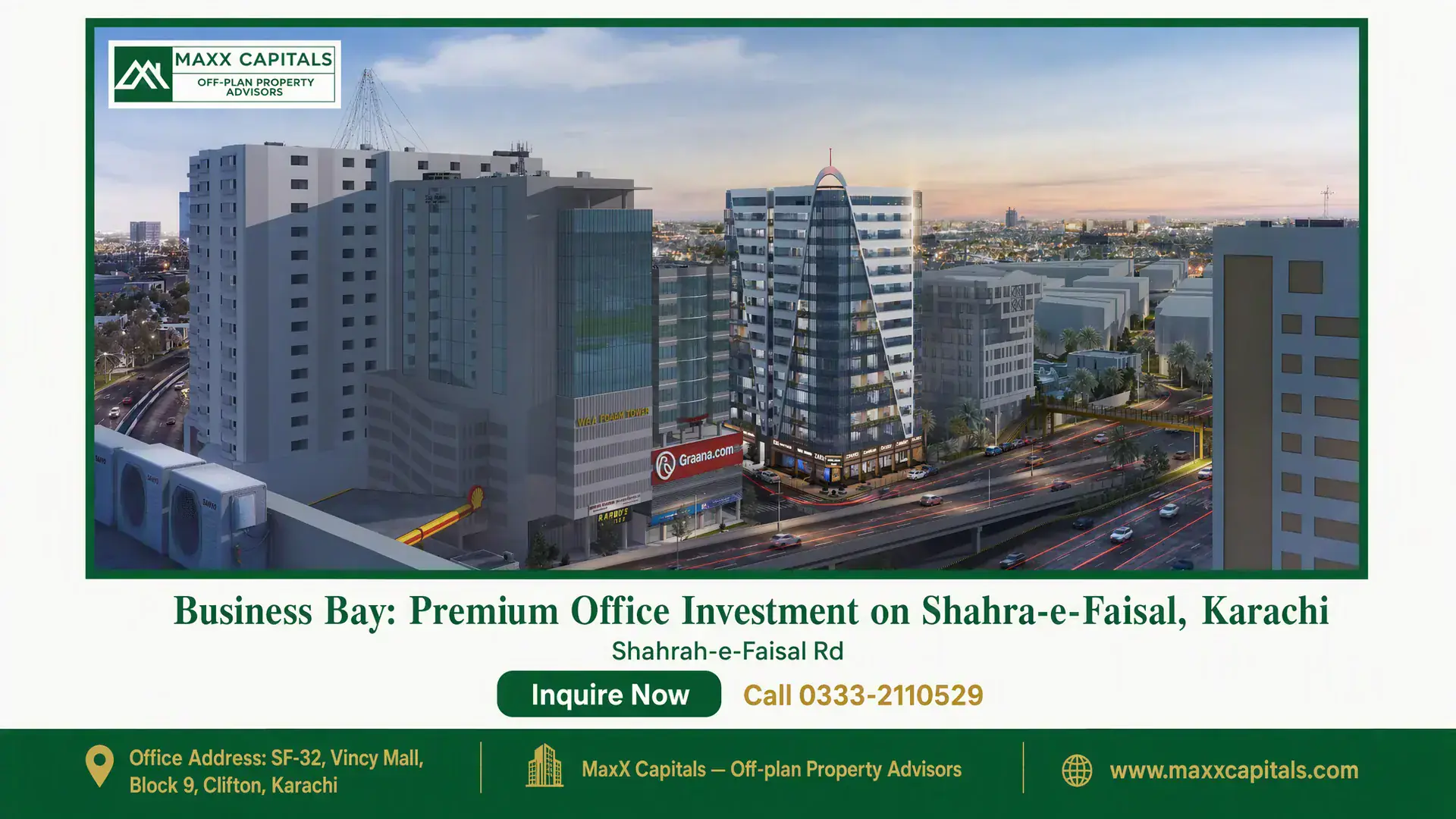 Business Bay: Premium Office Investment on Shahra-e-Faisal, Karachi Aerial evening view of Business Bay on Shahra-e-Faisal, Karachi, displaying modern commercial towers and busy urban roads.