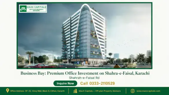 Modern high-rise office building with sleek glass facade and geometric design in Business Bay on Shahra-e-Faisal, Karachi.