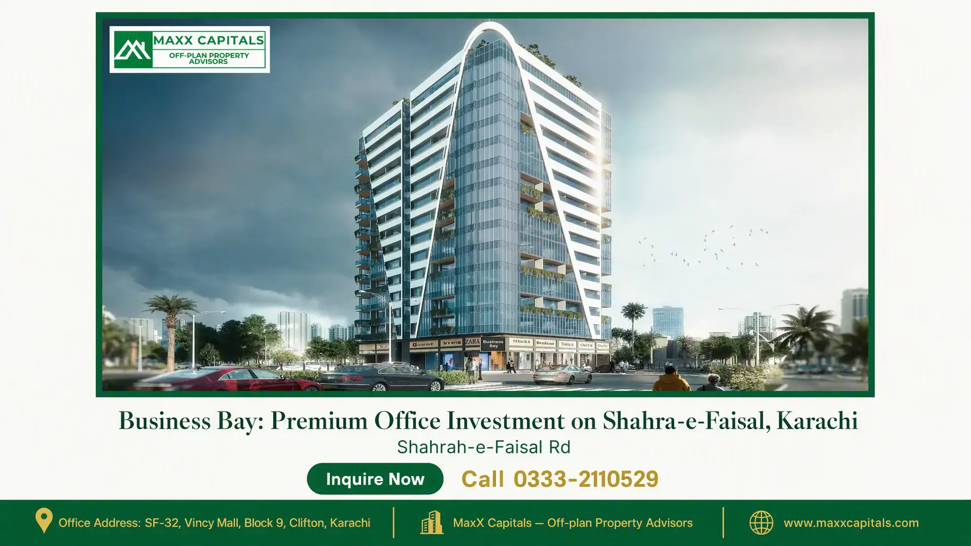 Business Bay: Premium Office Investment on Shahra-e-Faisal, Karachi Modern high-rise office building with sleek glass facade and geometric design in Business Bay on Shahra-e-Faisal, Karachi.