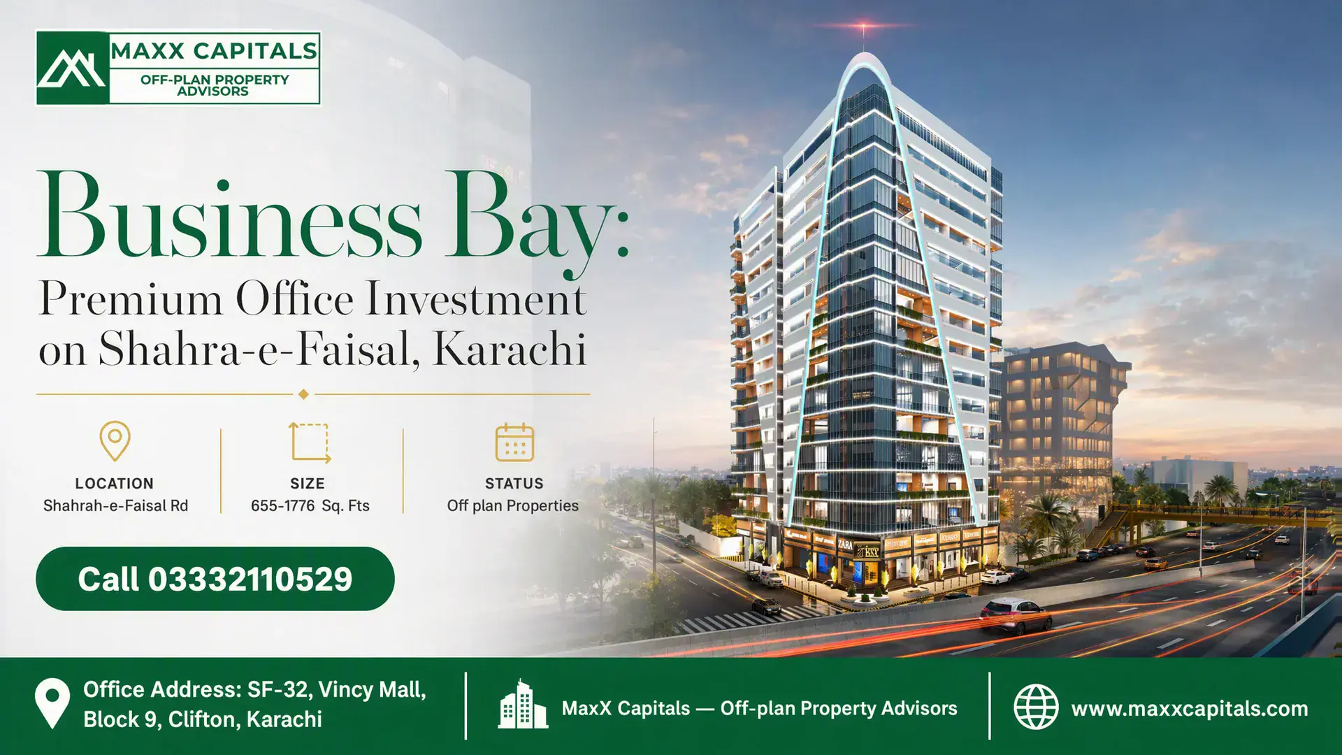 Business Bay: Premium Office Investment on Shahra-e-Faisal, Karachi Modern high-rise office building with a sleek glass design located at Shahra-e-Faisal, Karachi, presented as a premium invest