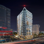 Business Bay Premium Office Tower On Shahra-E-Faisal, Karachi, Modern Glass Facade At Night With Urban Skyscrapers And Traffi