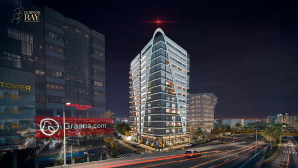 Business Bay Premium Office Tower On Shahra-E-Faisal, Karachi, Modern Glass Facade At Night With Urban Skyscrapers And Traffi
