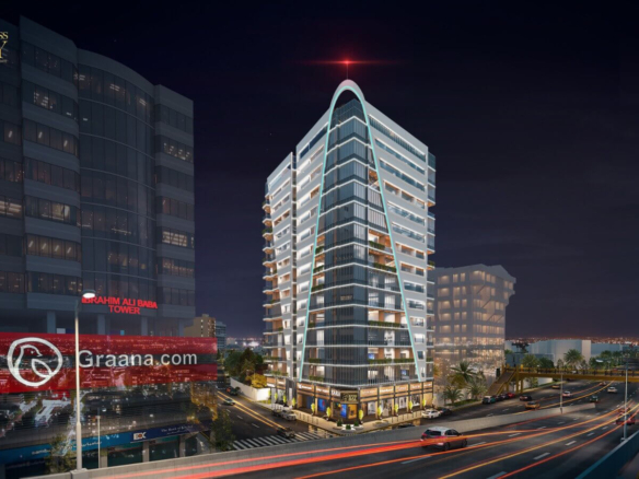 Business Bay Premium Office Tower On Shahra-E-Faisal, Karachi, Modern Glass Facade At Night With Urban Skyscrapers And Traffi