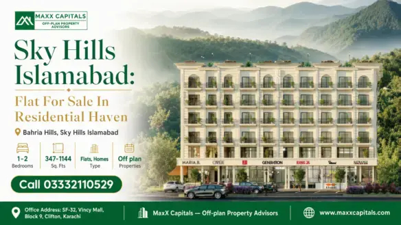 Luxury Mid-Rise Residential Building In Sky Hills Islamabad With Arched Balconies, Retail Shops, And Scenic Mountain Backdrop