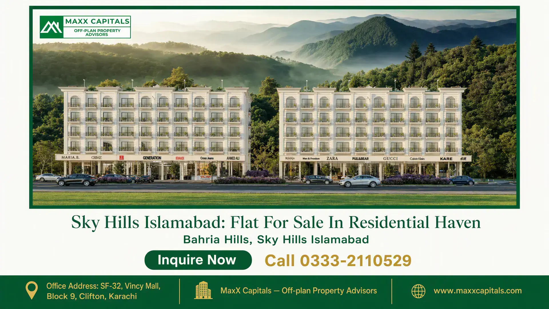 Sky Hills Islamabad: Flat For Sale In Residential Haven Modern five-story residential and commercial buildings with retail outlets at ground level, located amidst lush green hills i