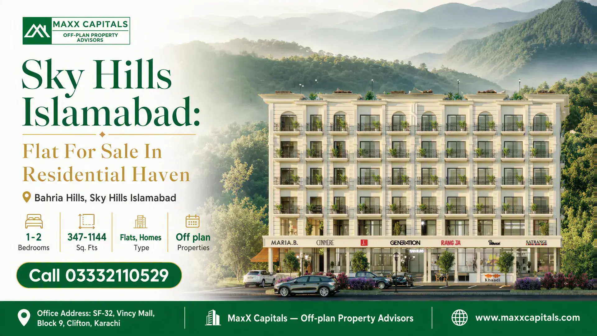 Sky Hills Islamabad: Flat For Sale In Residential Haven Luxury mid-rise residential building in Sky Hills Islamabad with arched balconies, retail shops, and scenic mountain backdrop