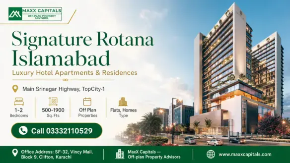 Contemporary High-Rise Development Of Signature Rotana Islamabad With Modern Glass Facade And Landscaped Terraces At Dusk.