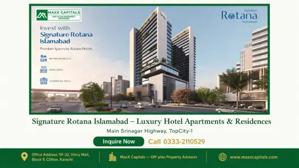 Modern high-rise towers of Signature Rotana Islamabad with lush landscaping and a contemporary facade on Main Srinagar Highwa