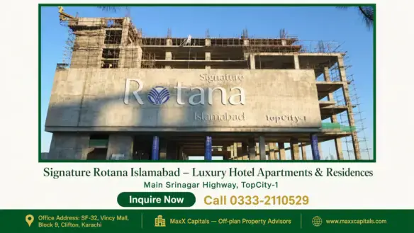 Under-construction Signature Rotana Islamabad building with scaffolding and clear branding on the facade at TopCity-1.