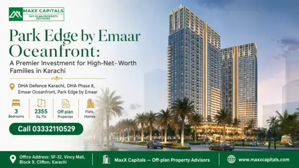 Modern High-Rise Residential Towers At Park Edge By Emaar Oceanfront In Karachi, Surrounded By Palm Trees And Luxury Amenitie