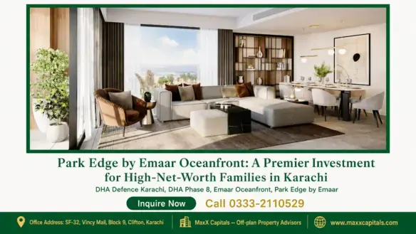 Spacious modern living and dining area at Park Edge by Emaar featuring floor-to-ceiling windows, plush furniture, and ocean v